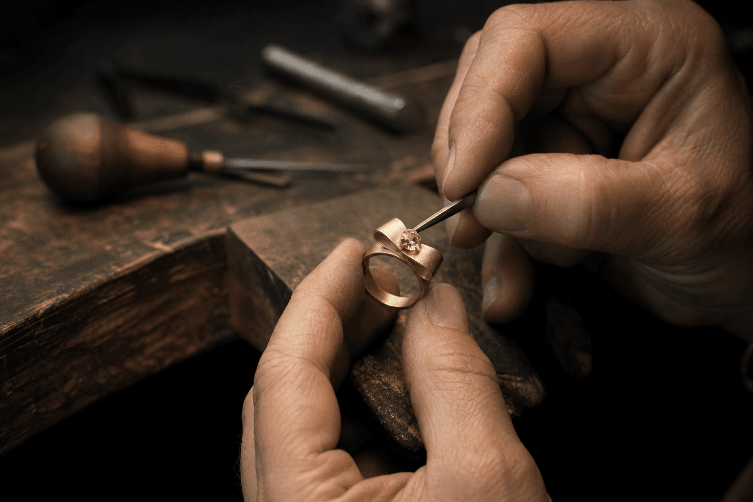 Maître joaillier sertissant une pierre champagne sur une bague en or brossé